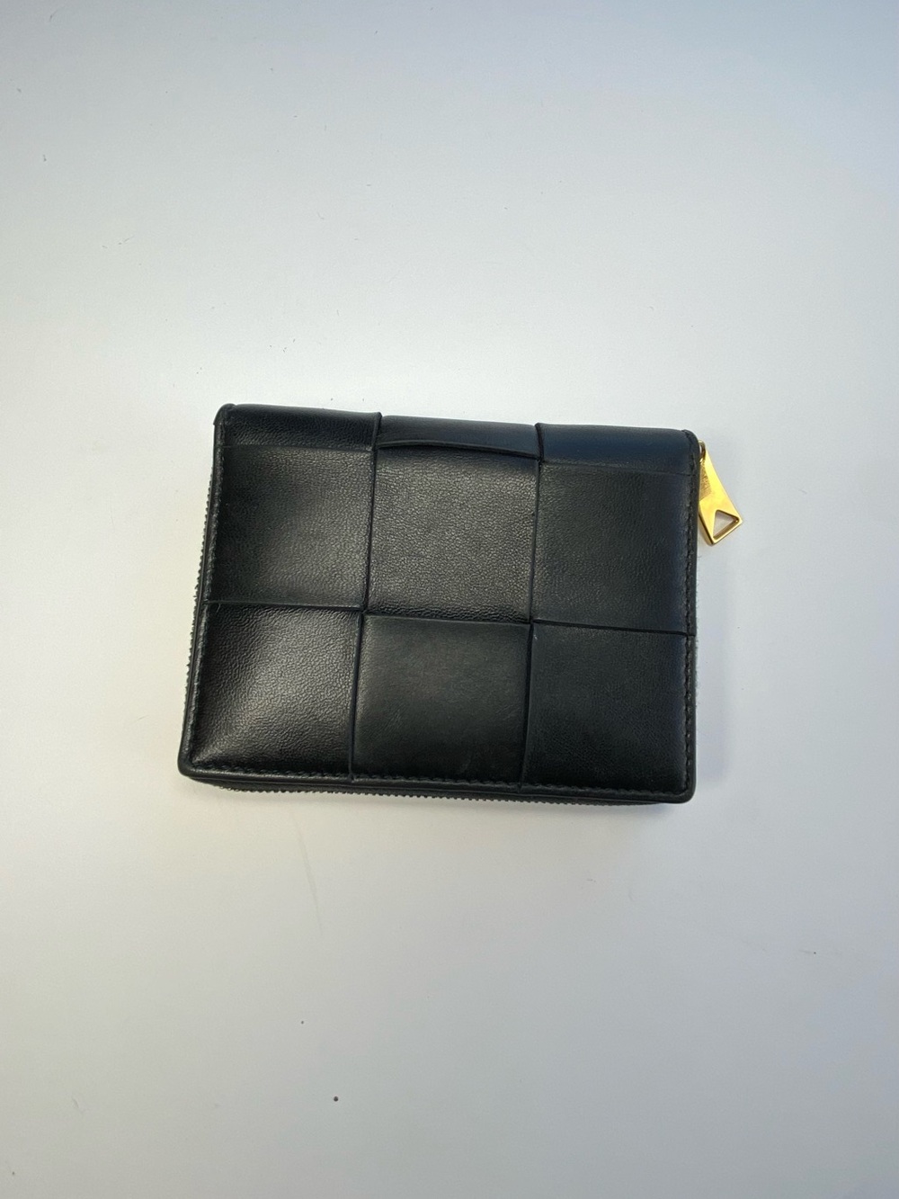 Bottega Veneta Black Intrecciato Leather Wallet with Gold Zip Pull